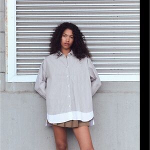 Zara Gray Stripe Button-Down Shirt with White Hem